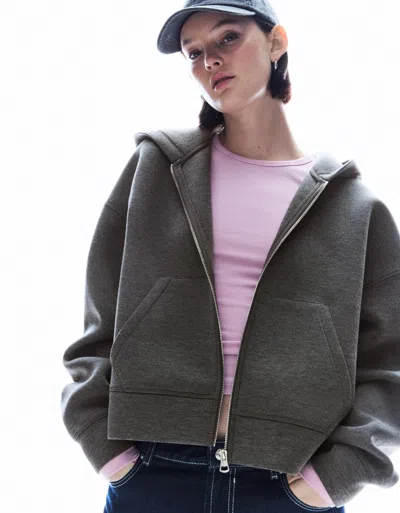 Bershka Oversize Zip-up Sweatshirt With Neoprene Effect In Gray
