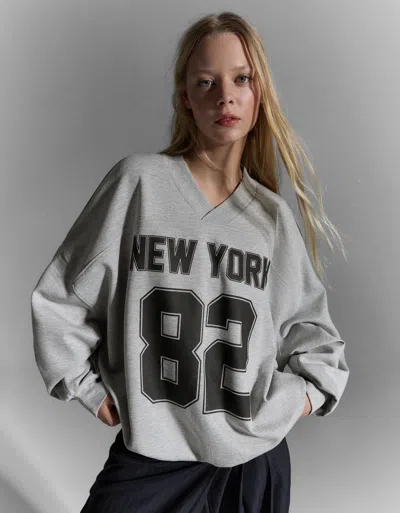 Bershka Oversized Printed Sweatshirt In Gray