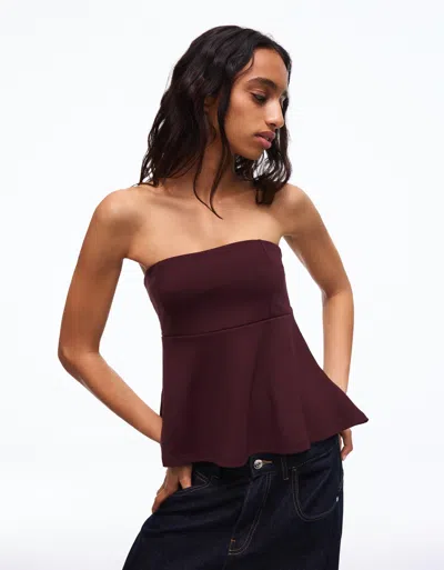 Bershka Peplum Bandeau Top In Burgundy