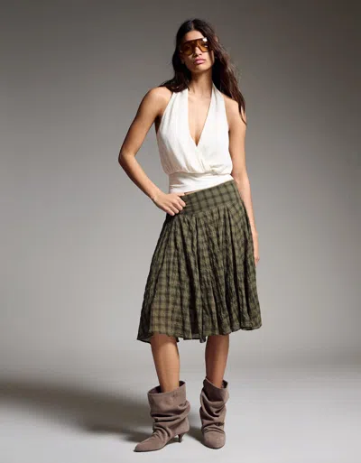 Bershka Plaid Voluminous Midi Skirt In Black