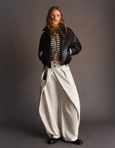 Bershka Pleated Trousers With Double Button In Neutral