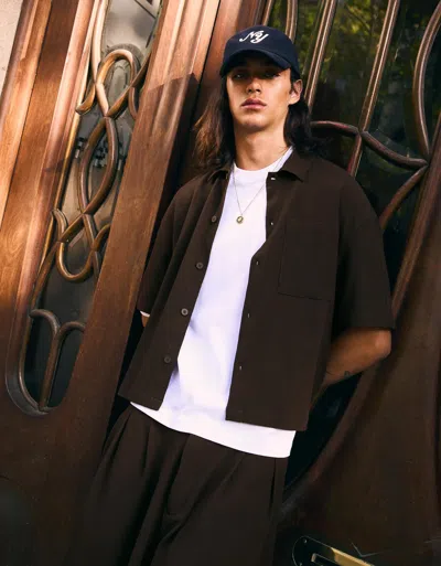 Bershka Pleated Boxy Fit Short Sleeve Shirt In Brown