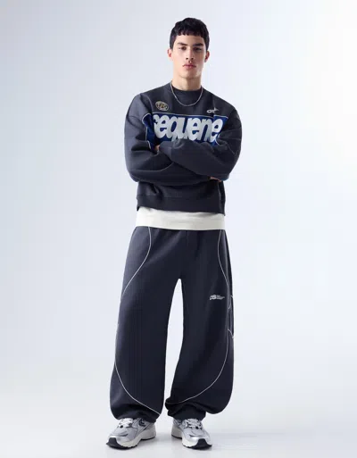 Bershka Plush Balloon Fit Printed Trousers In Blue