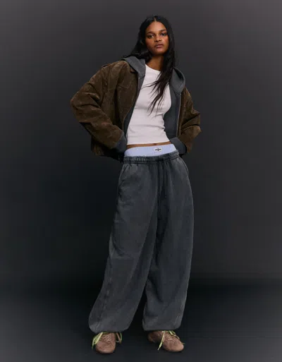 Bershka Plush Barrel Trousers With Stoppers In Black