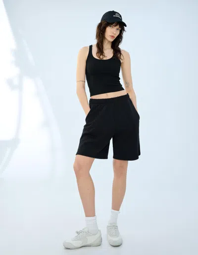 Bershka Plush Bermuda Shorts With Embroidered Detail In Black