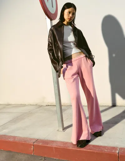Bershka Plush Flared Pants With Frayed Hems In Pink