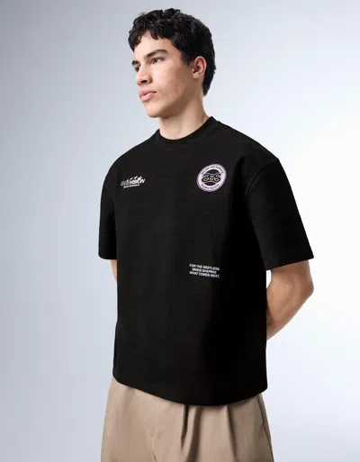 Bershka Plush Printed T-shirt In Black