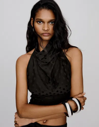 Bershka Polka Dot Halter Top In Black