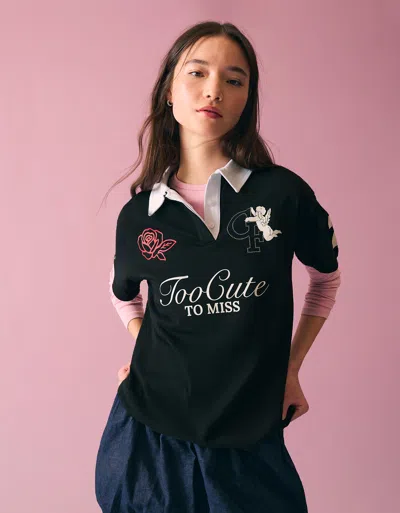 Bershka Polo Collar T-shirt With Rhinestone Print In Black
