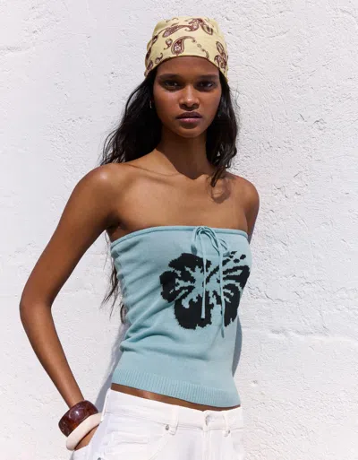 Bershka Printed Bandeau Top In Blue