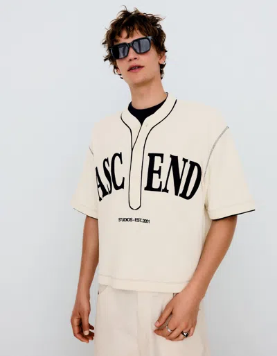Bershka Printed Baseball Waffle-knit T-shirt In Neutral
