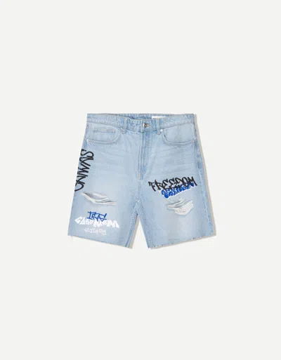 Bershka Printed Denim Bermuda Shorts In Blue