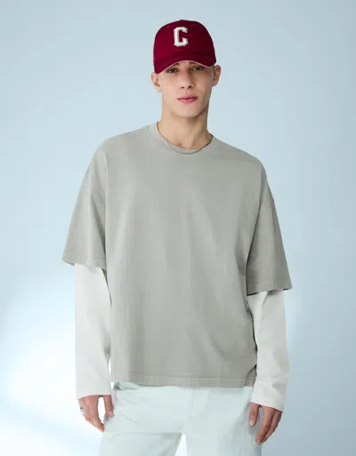 Bershka Printed Double Sleeve T-shirt In Gray