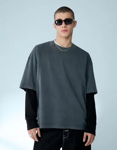 Bershka Printed Double Sleeve T-shirt In Gray