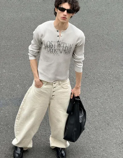 Bershka Printed Henley Sweater In Gold