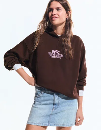 Bershka Printed Hood Sweatshirt With Hood In Brown