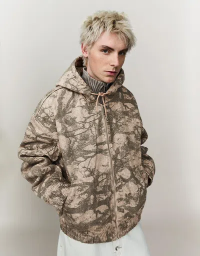 Bershka Printed Hooded Jacket In Brown