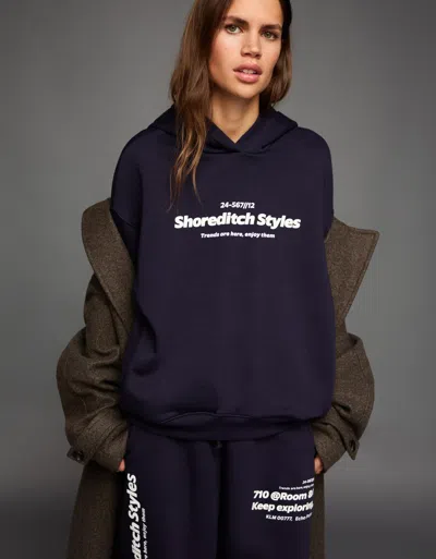 Bershka Printed Hoodie In Blue