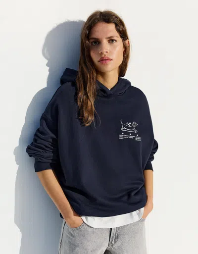 Bershka Printed Hoodie In Blue