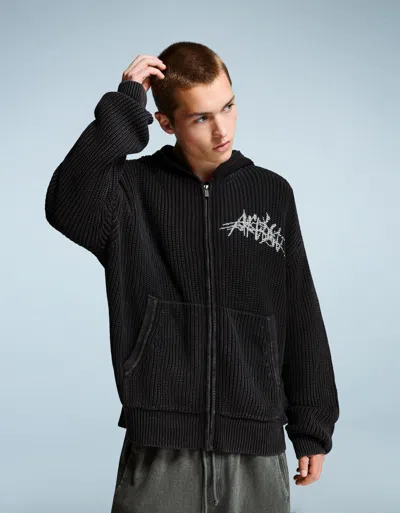 Bershka Printed Jacket With Zipper In Black