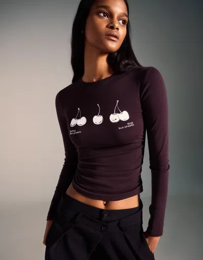 Bershka Printed Long Sleeve T-shirt With Gathering In Brown