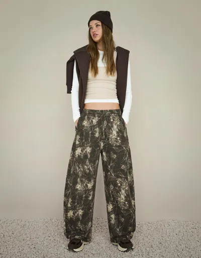 Bershka Printed Plush Barrel Pants In White