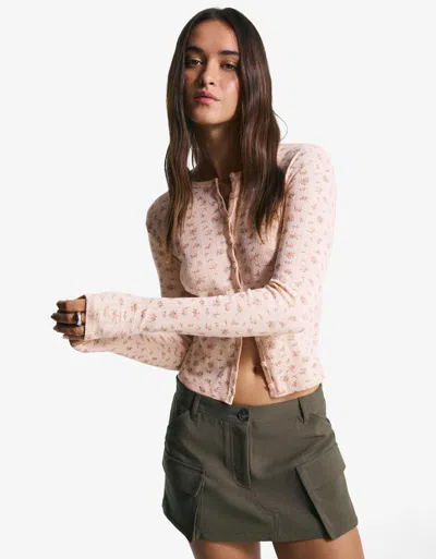 Bershka Printed Pointelle Cardigan In Pink