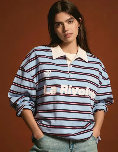 Bershka Printed Polo Collar Long Sleeve T-shirt In Blue