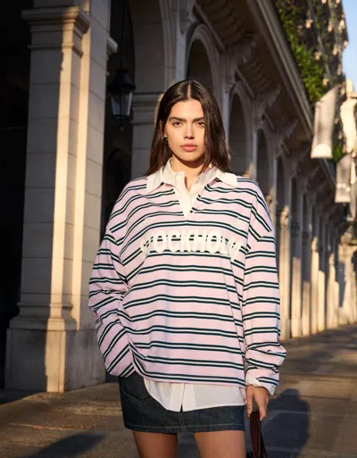 Bershka Printed Polo Collar Long Sleeve T-shirt In Pink