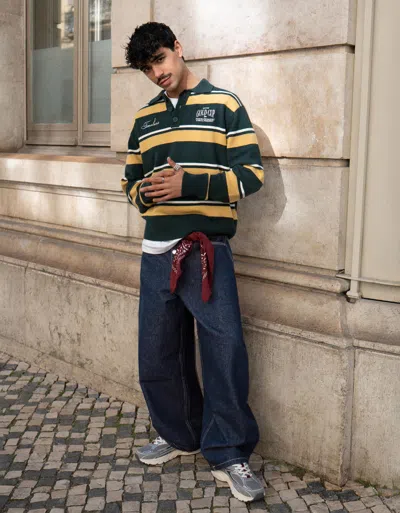 Bershka Printed Polo Collar Sweater In Blue