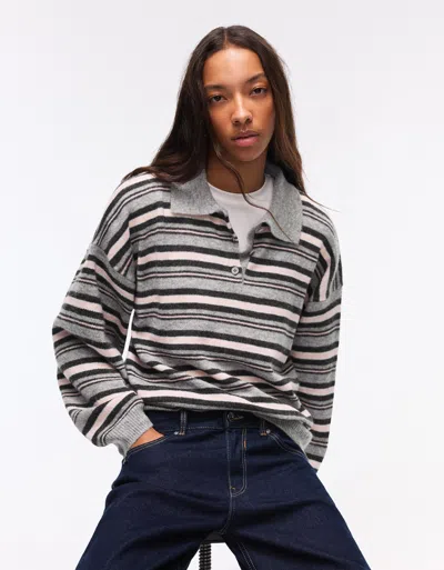 Bershka Printed Polo Collar Sweater In Gray
