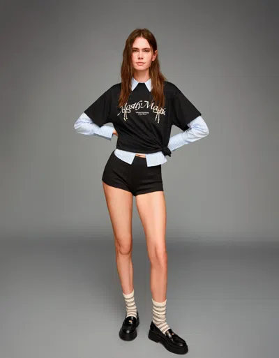 Bershka Printed Short Sleeve Oversize T-shirt In Black