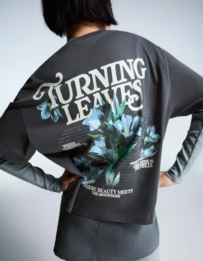 Bershka Printed Short Sleeve Oversize T-shirt In Gray