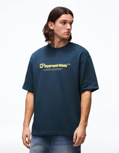 Bershka Printed Short Sleeve Plush T-shirt In Blue