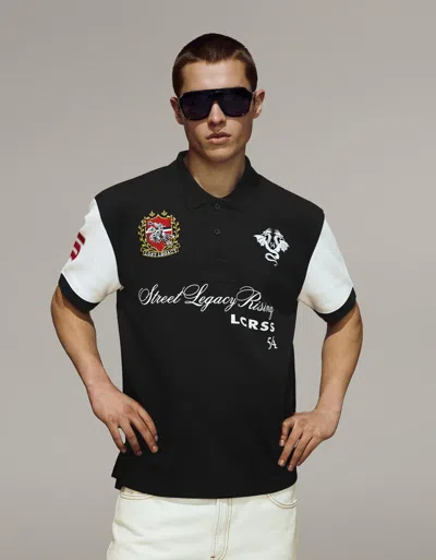 Bershka Printed Short Sleeve Polo Shirt In Black