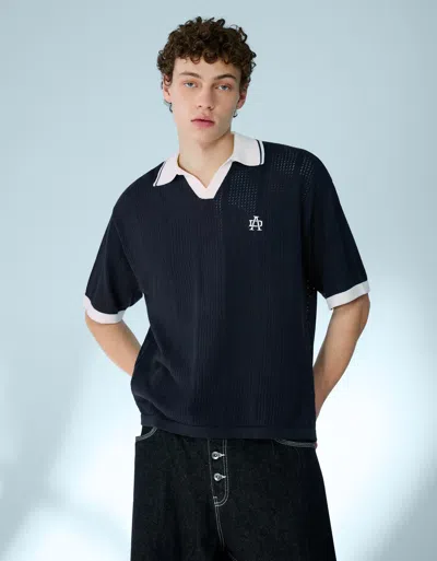 Bershka Printed Short Sleeve Polo Shirt In Blue
