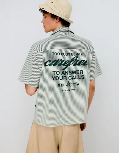 Bershka Printed Striped Short Sleeve Boxy Fit Shirt In Green