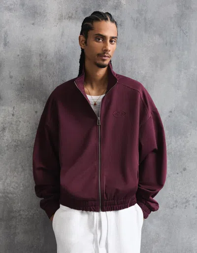 Bershka Printed Sweatshirt With Zip In Burgundy