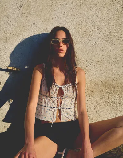 Bershka Printed Top With Lace Trims In Neutral