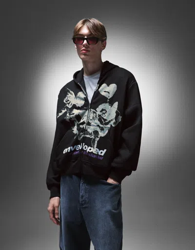 Bershka Printed Zip-up Hoodie In Black