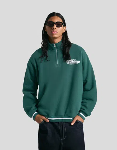 Bershka Printed Zip-up Neck Sweatshirt In Green