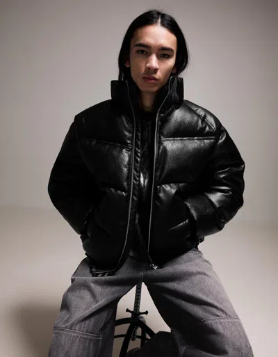 Bershka Puffy Faux Leather Jacket In Black
