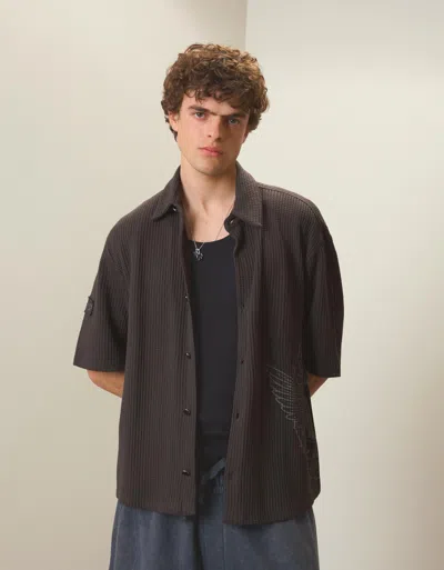 Bershka Relaxed Fit Waffle-knit Shirt In Black