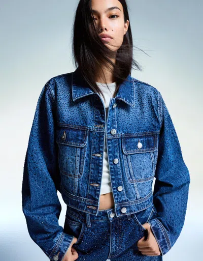 Bershka Rhinestone Denim Jacket In Blue