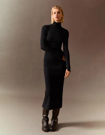 Bershka Ribbed High Neck Midi Dress In Black