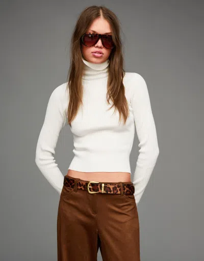 Bershka Ribbed High Neck Sweater In White