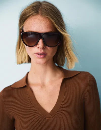 Bershka Ribbed Polo Collar Sweater In Brown