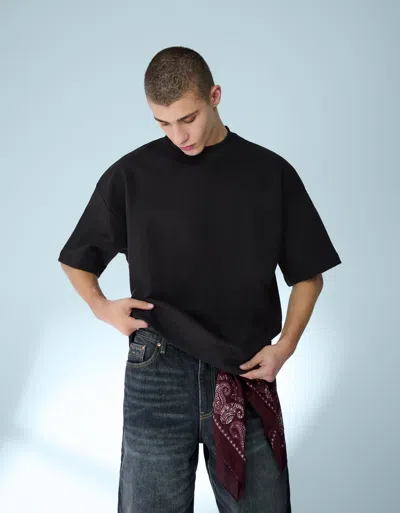 Bershka Ribbed Short Sleeve Plush T-shirt In Black