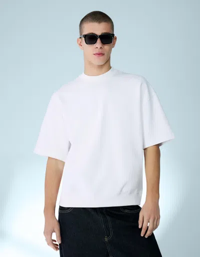 Bershka Ribbed Short Sleeve Plush T-shirt In White