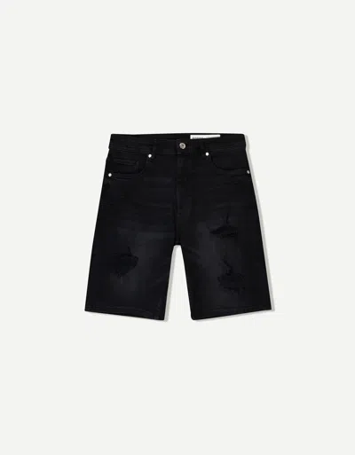 Bershka Ripped Denim Bermuda Shorts In Black